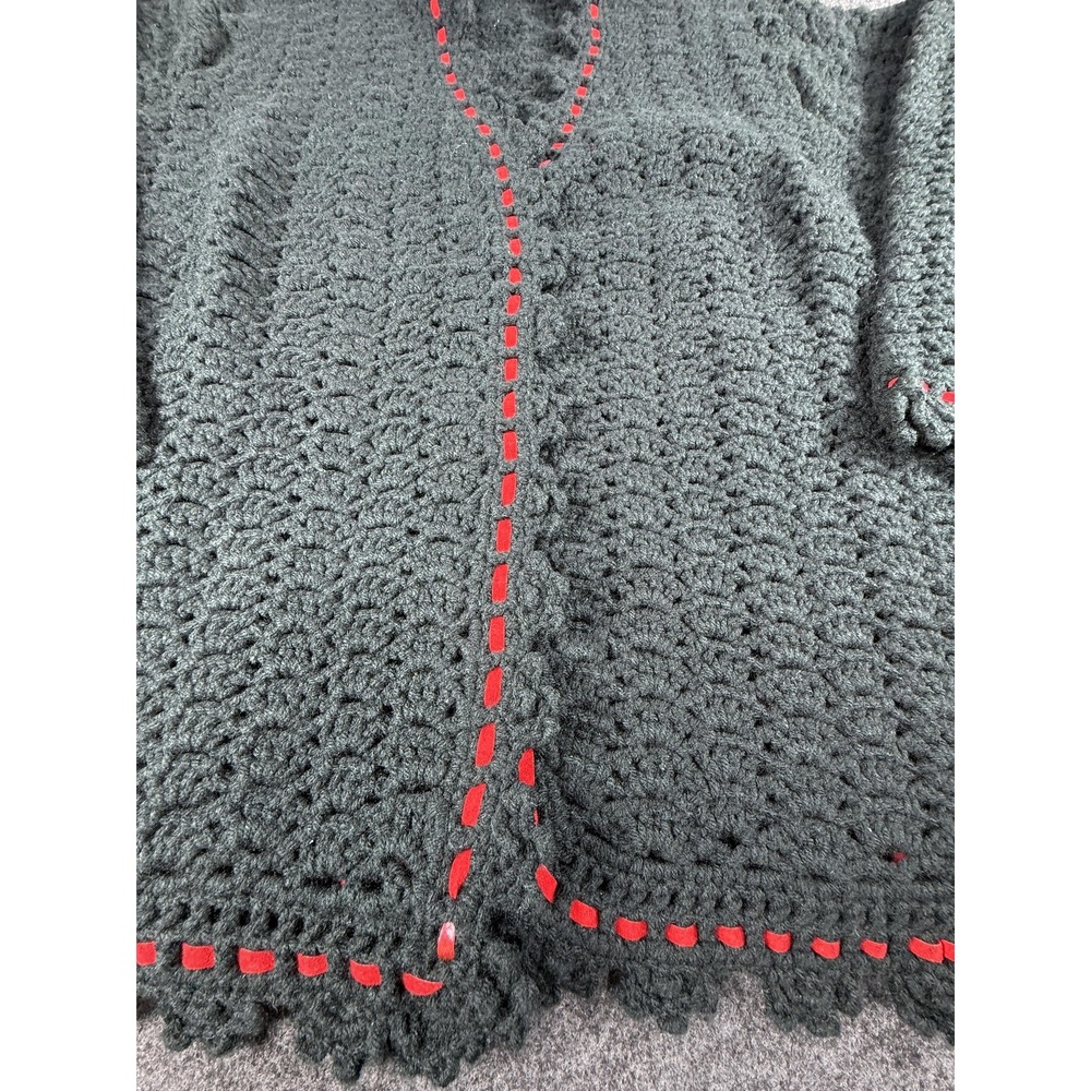 Vintage Handmade Grandma Sweater Womens Large Navy Blue Open‎ Cardigan Red Trim - Picture 2 of 9
